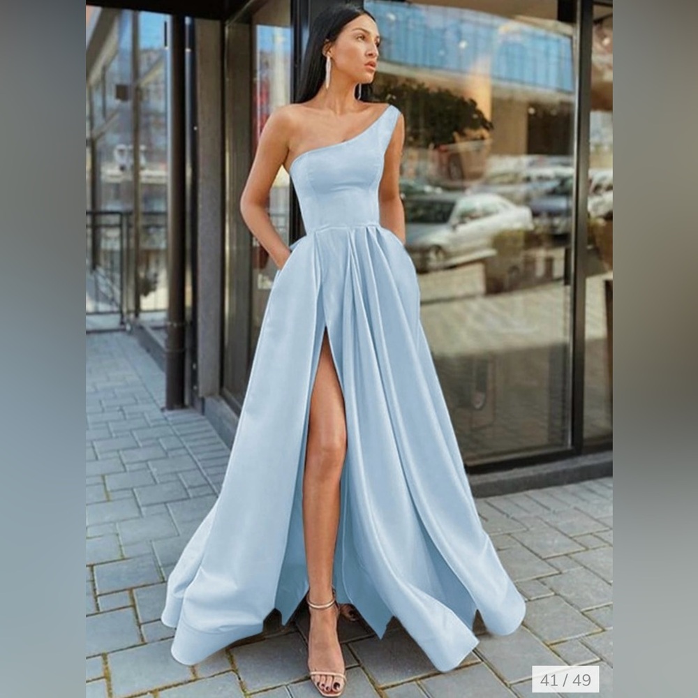 Light Blue Maxi Off Shoulder Formal/Prom/Bridesmaid Dress w Slit&Pockets size 8